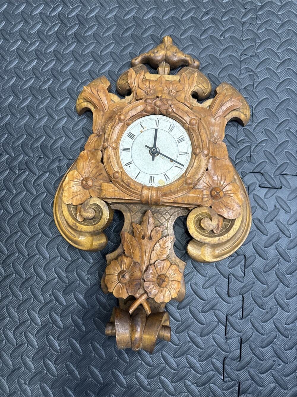 Baroque Style Hand Carved Fruitwood Wall Clock With Floral Motifs Untested *